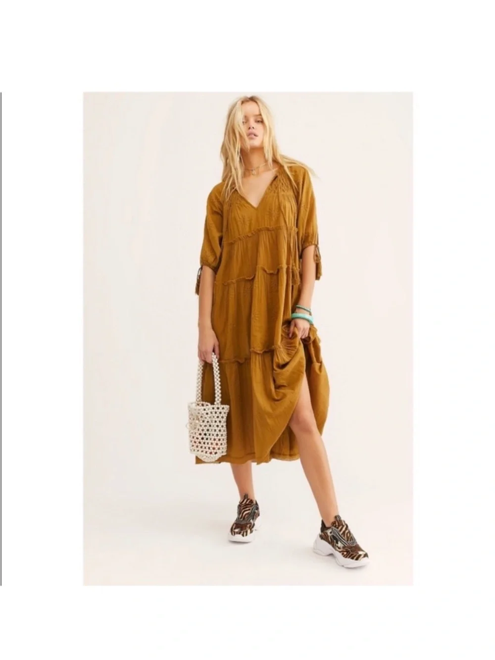 Free People Celestial Skies Tuscan Fields Midi Dress Cotton Bohemian Tiered M - Picture 2 of 9